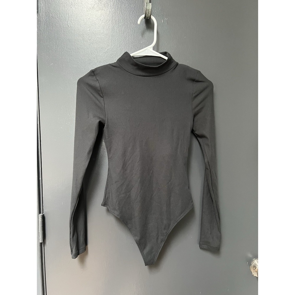 Girlfriend Collective Vivian Mock Neck Ribbed Bodysuit Black Sz S Shelf Bra